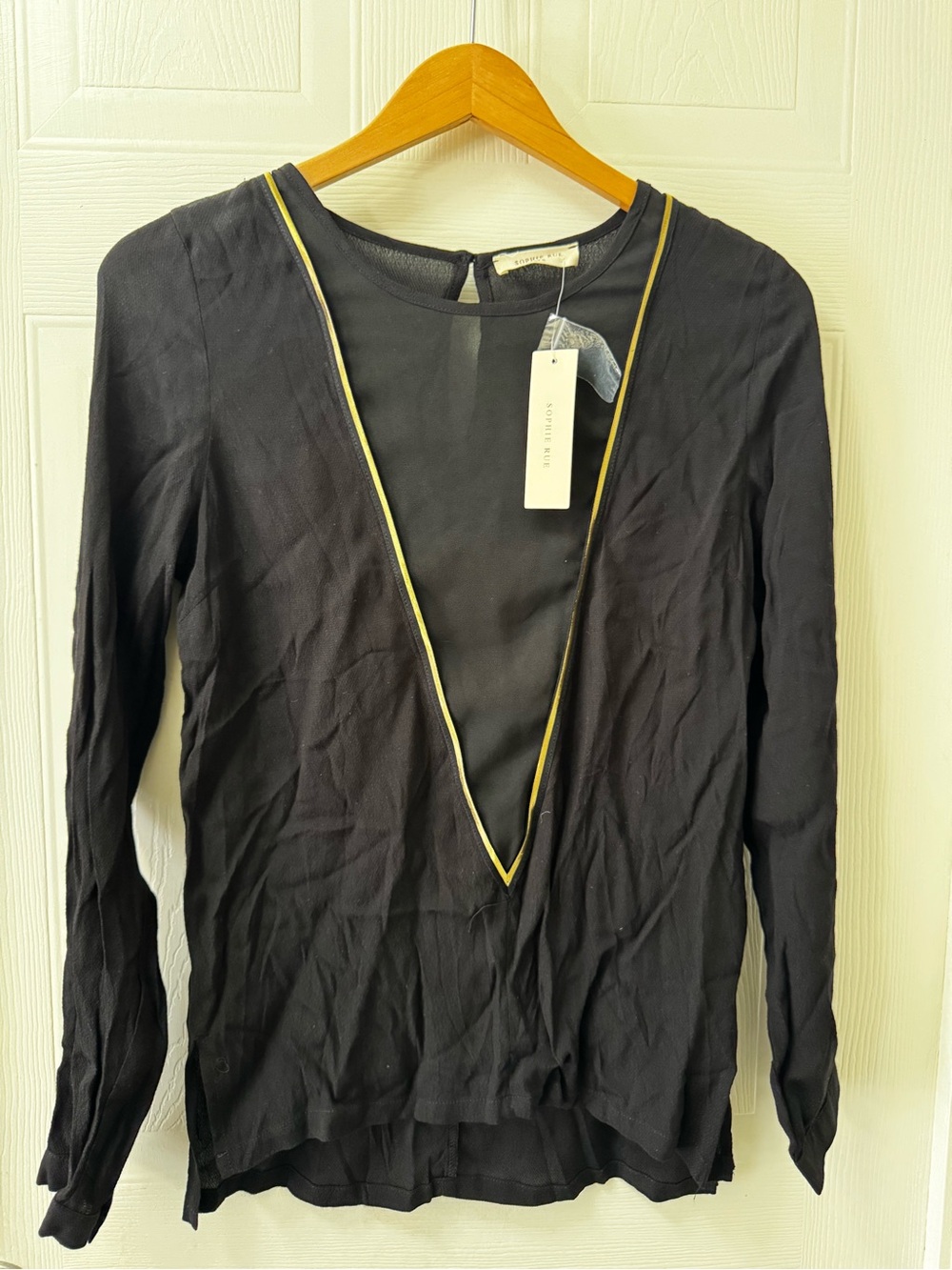 Sophie Rue Black Long-Sleeve Deep V Top with Yellow Trim